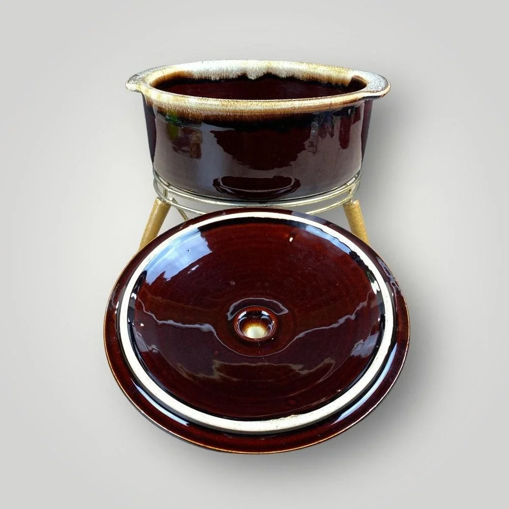 Brown Drip Glaze Fondue Pot Set 6 Forks Mid Century Stoneware‎ Vintage 1960s